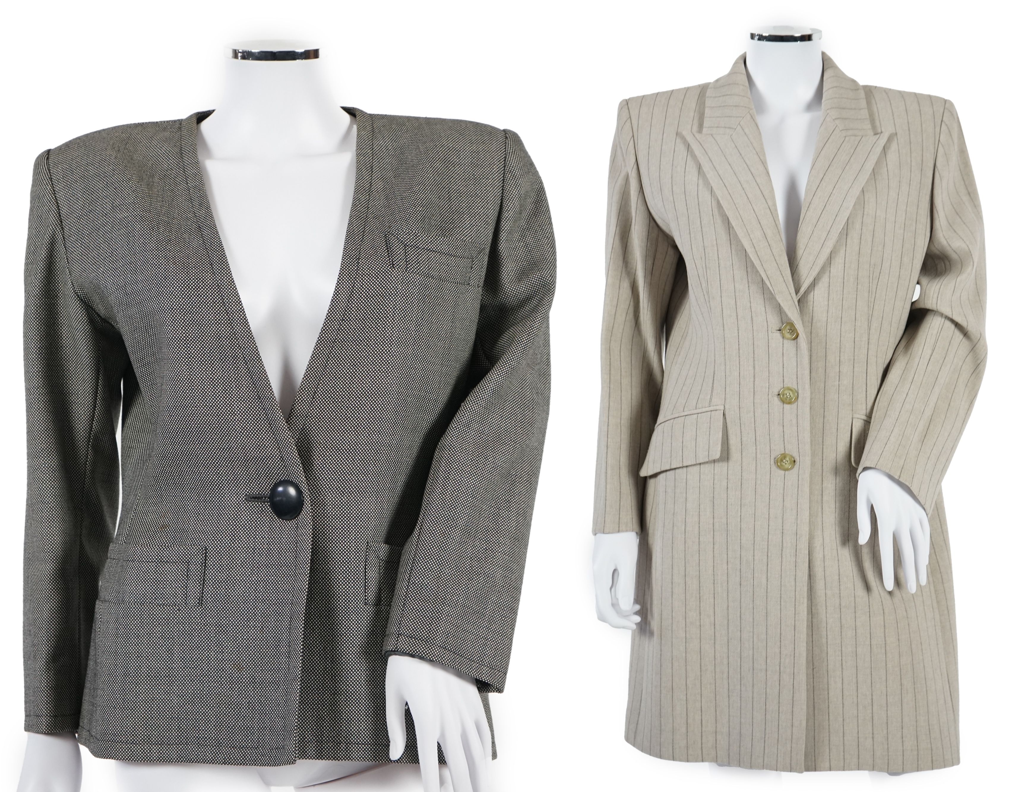 Two vintage Yves Saint Laurent variation lady's suits with matching trousers and skirts, F 40 (UK 12). Please note alterations to make the waist smaller may have been carried out on some of the skirts. Proceeds to Happy